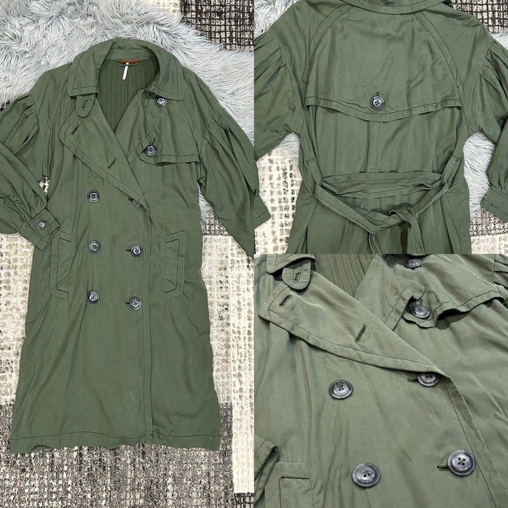 Free People Trench Coat Balloon Sleeve Double Breasted Belted Army Green Size S*